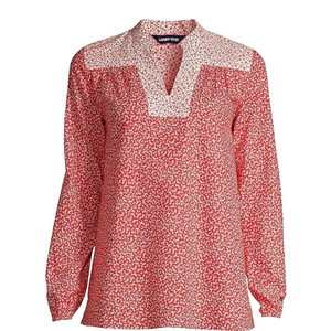 Lands’ End Size 2X Bright Orange Red White Micro Floral Tunic Split VNeck Blouse